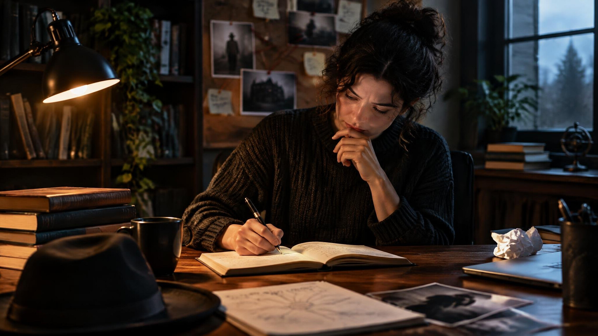 mystery writer at desk
