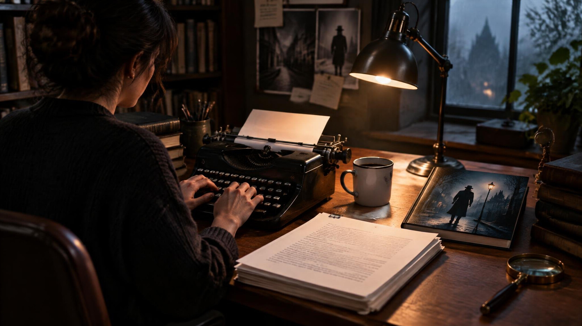 mystery writer at desk