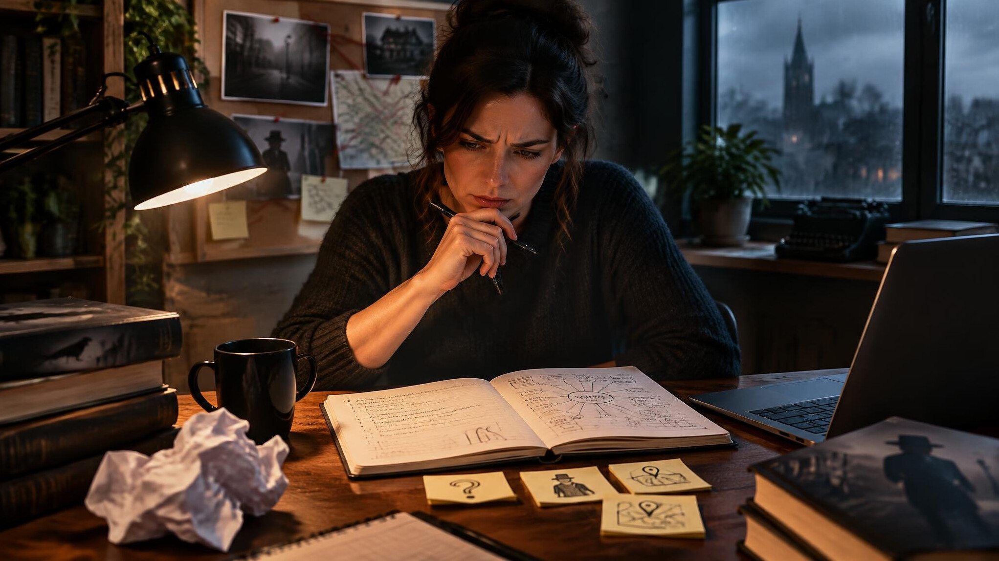 mystery writer at desk